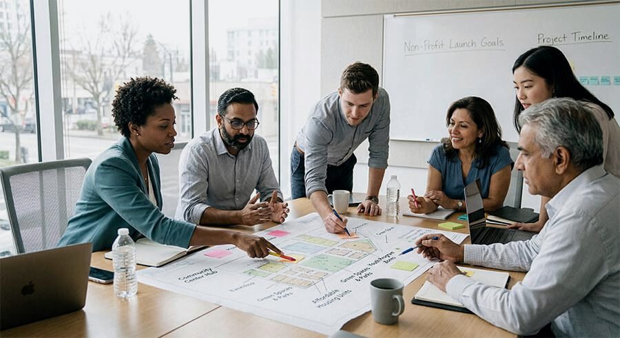 A team gathers around a planning map on a conference table.
