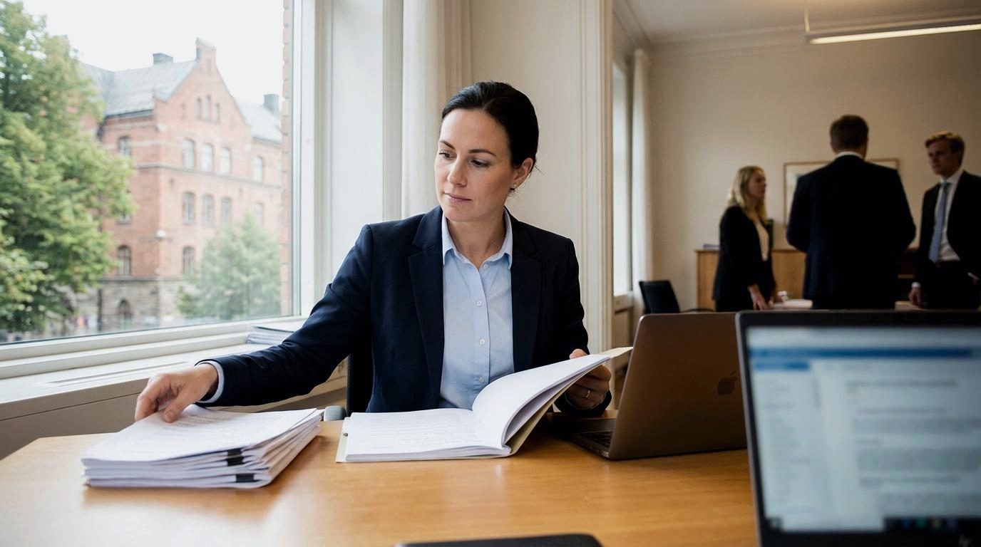 A professional reviews a binder of documents at a desk near a window.