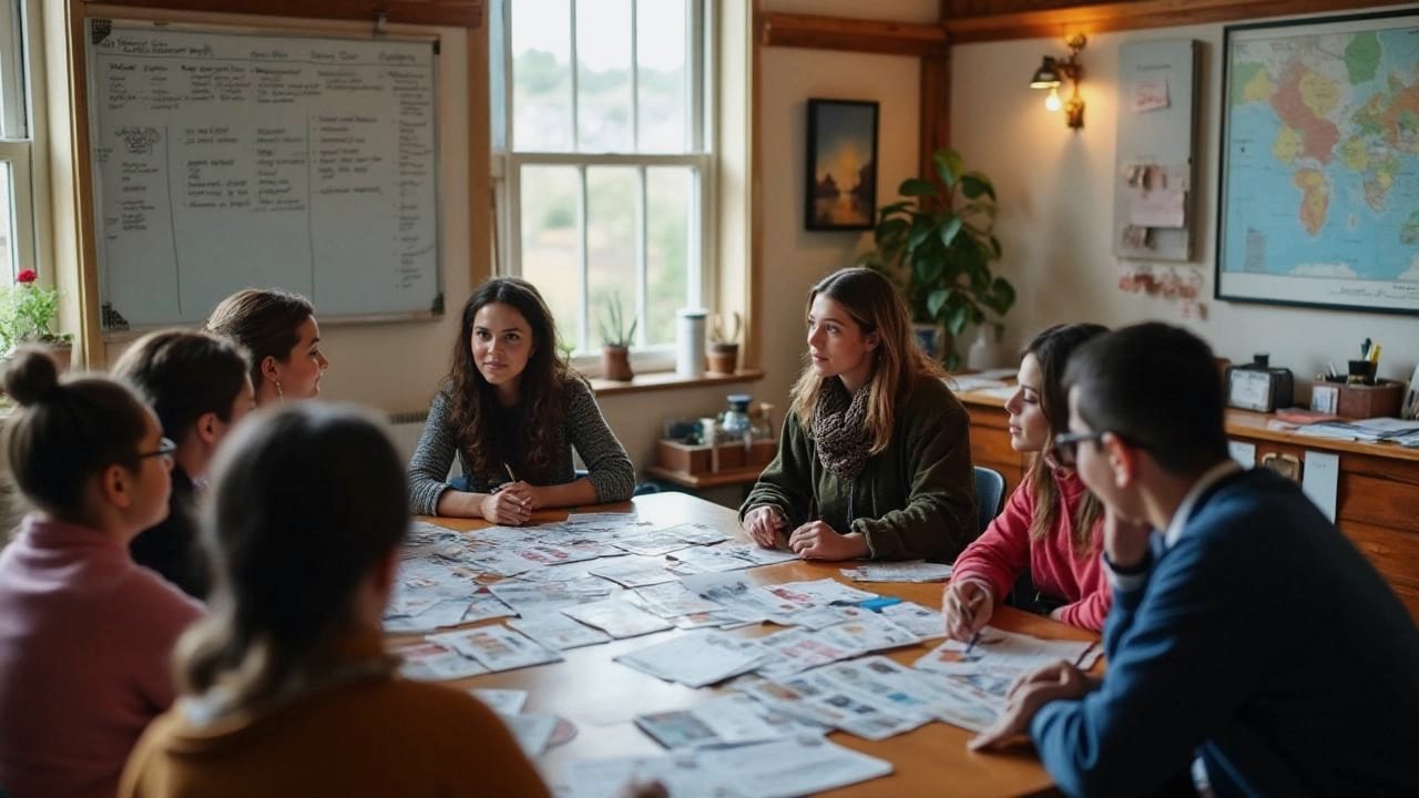 A group of colleagues meets around a table covered in printed materials in a community office.